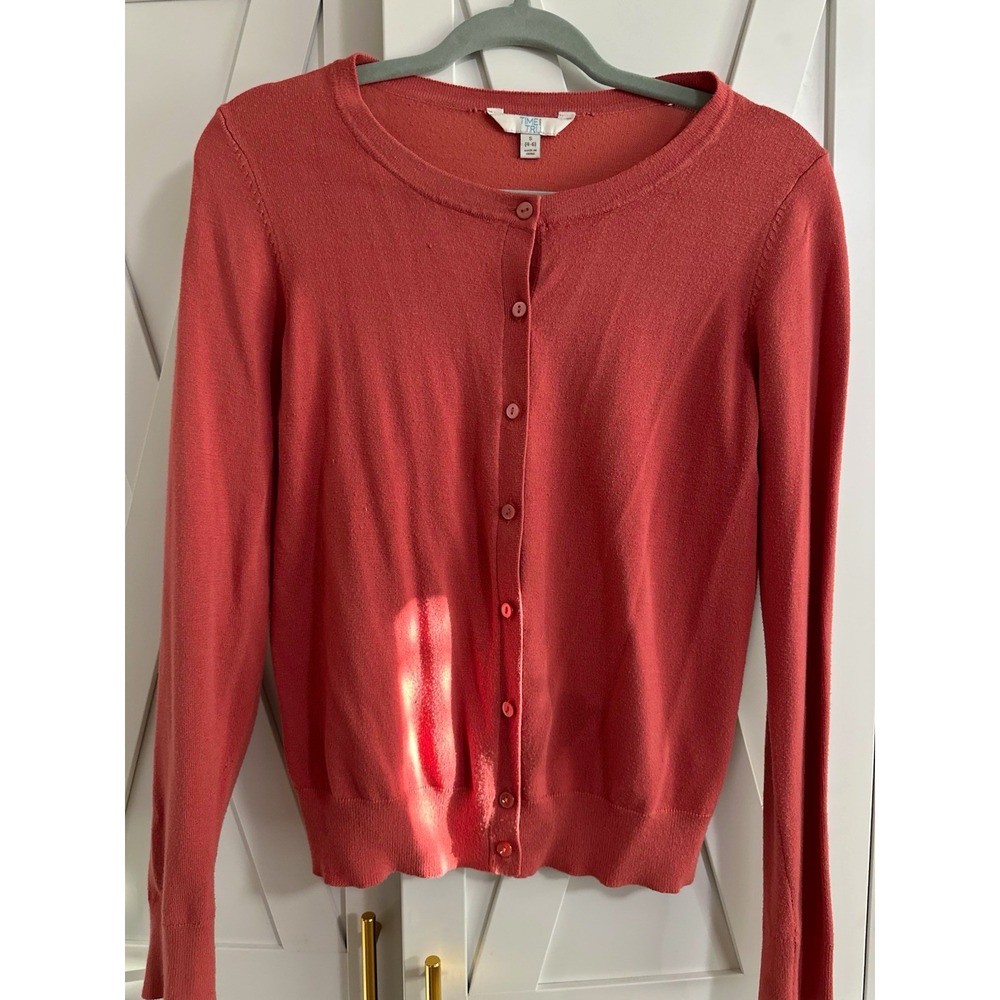 Time and Tru Women's Pink Knit Button-Front Cardigan Sweater Round Neck S